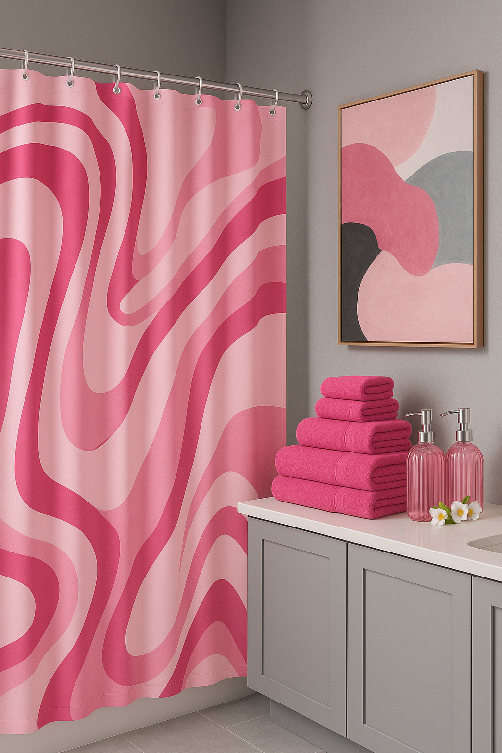 Pink Bathroom Bundle Set Includes Shower Curtain. 100% Cotton 6 Piece Towel Set, Soap and Lotion Dispenser SET