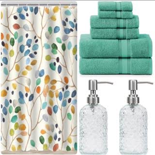 Bathroom Bundle Set includes Shower Curtain, 6 Piece Towel Set and Soap and Lotion Dispensers