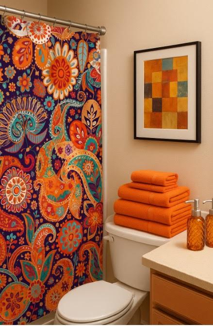 Orange Bathroom Bundle Set Includes Shower Curtain, 100% cotton Six Piece Towel Set with Lotion and Soap Dispensers