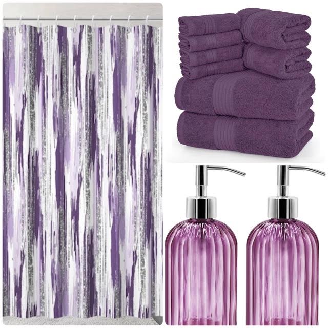 Purple Bathroom Bundle Set Includes Shower Curtain, 6 Piece 100% Cotton Towel Set and a 2 Piece Soap and Lotion Dispenser