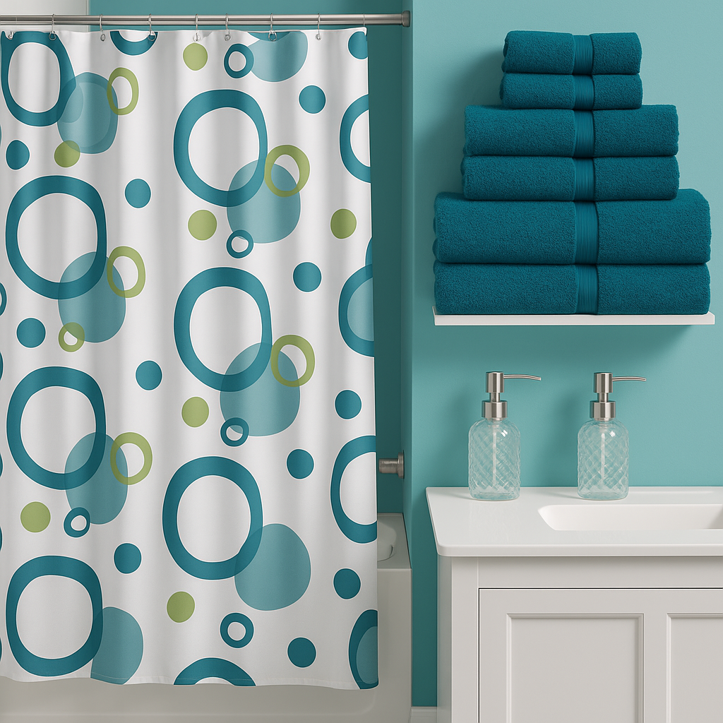 Blue Circle Bathroom Bundle Sets Includes Shower Curtain, 6 Piece 100% Cotton Towel Set and 2 Piece Sopa and Lotion Dispensers