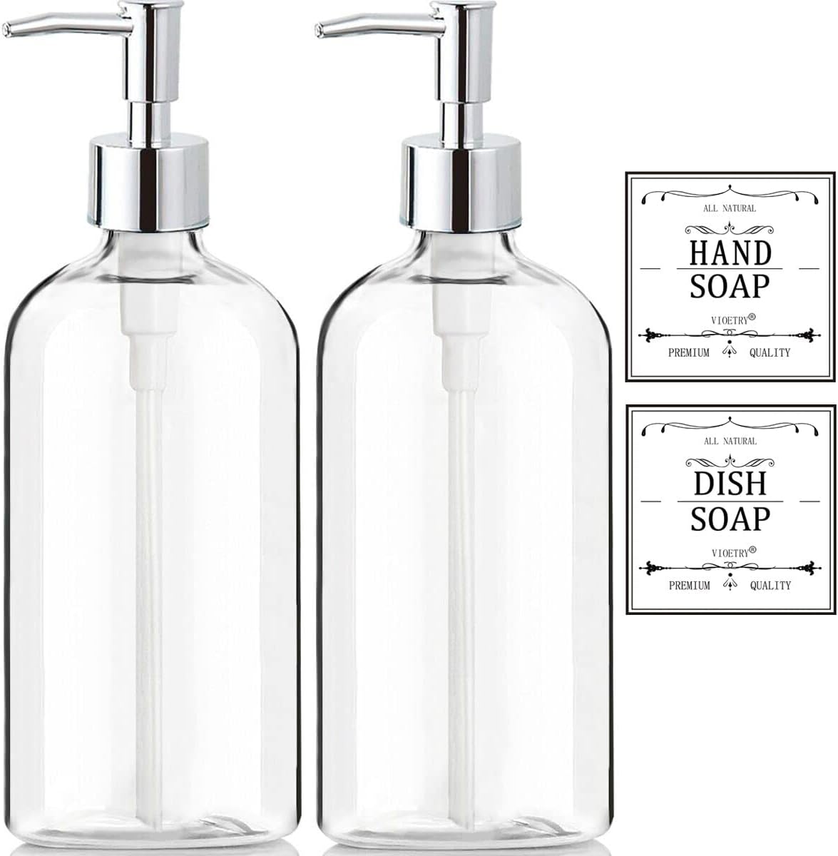 Soap and Lotion Dispenser 2 Piece Set- Clear Plastic with Rustproof Pump