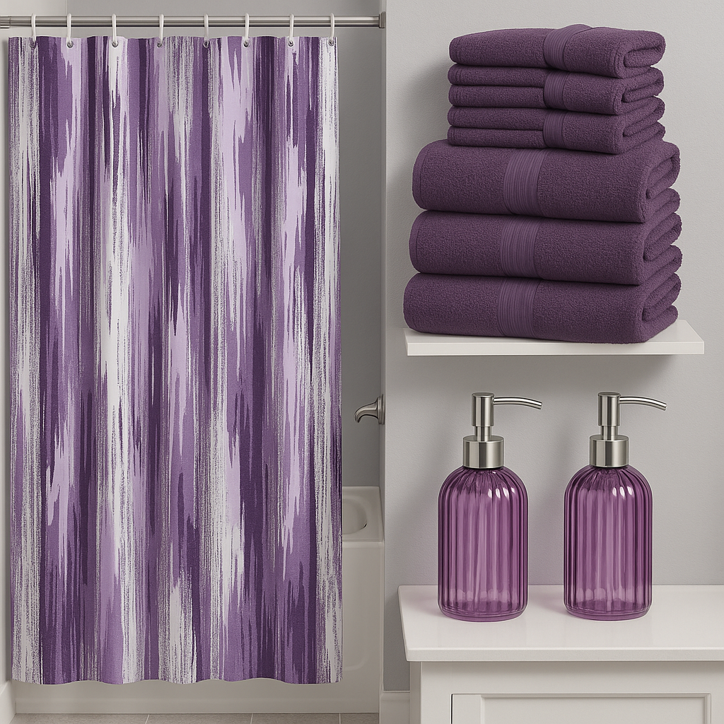 Purple Bathroom Bundle Set Includes Shower Curtain, 6 Piece 100% Cotton Towel Set and a 2 Piece Soap and Lotion Dispenser