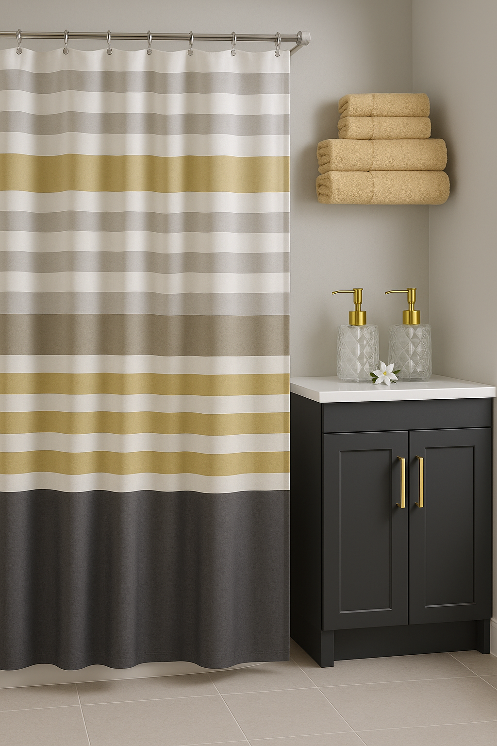Grey White and Gold Striped Shower Curtain 72W x 72L