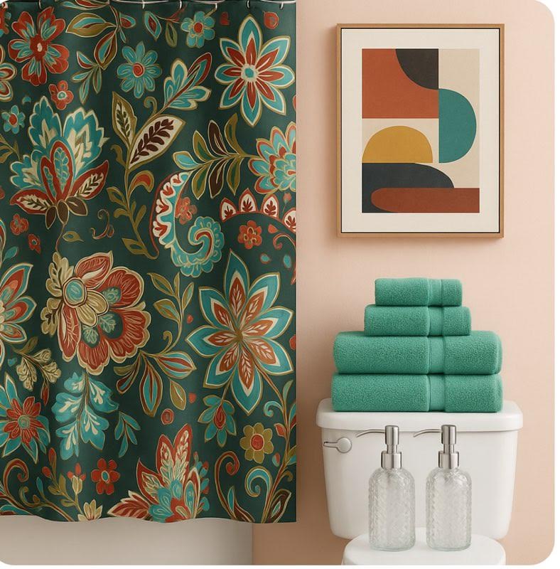 Teal Floral Bathroom Bundle Set Includes Shower Curtain, 100% Cotton 6 Piece Towel set, and Soap and Lotion Dispensers