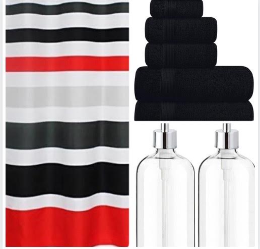 Red Black and White Bathroom Bundle Set Includes Shower Curtain,100% 6- Piece Towel Set and Soap and Lotion Dispenser Set