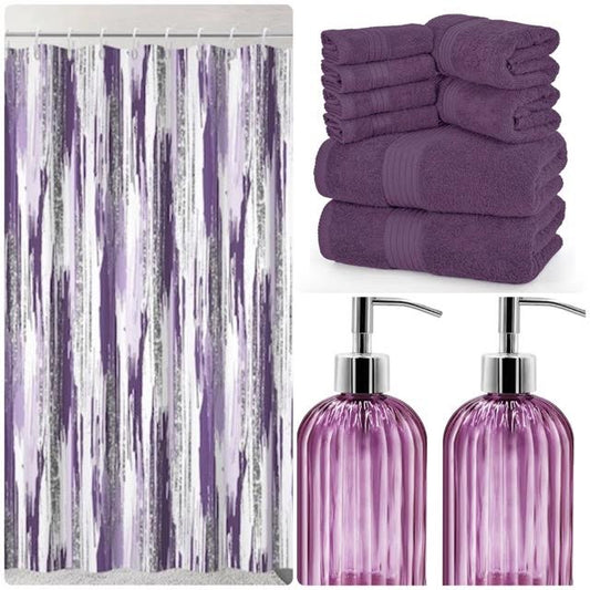 Purple Bathroom Bundle Set Includes Shower Curtain, 6 Piece 100% Cotton Towel Set and a 2 Piece Soap and Lotion Dispenser
