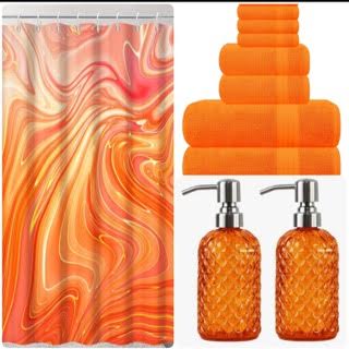 Orange Bathroom Bundle Set- Includes Shower Curtain, 6- Piece 100% Cotton Towel Set and 2 Piece Soap and Lotion Dispensers