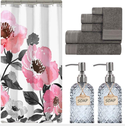 Pink and Grey Floral 72W x 72L Shower Curtain-Liner and Shower Hooks Provided