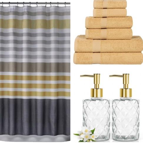 Grey Gold White Striped Bathroom Bundle Set Includes Shower Curtains, 100% 6 Piece Towel Set and Soap and Lotion Dispenser Set