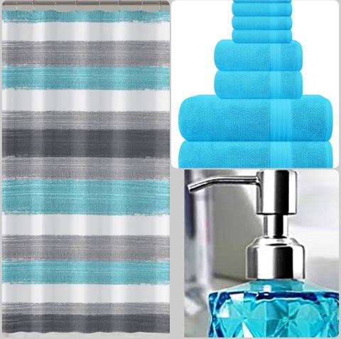 Turquoise Bathroom Bundle Set- Includes Shower Curtain, 6-Piece 100% Cotton Towel Set and 2 Piece Soap and Lotion Dispenser