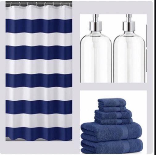 Blue and White Striped Bathroom Bundle Set Includes Shower Curtain, 6 Piece 100 Cotton Towel Set and 2 Piece Soap and Lotion Dispensers