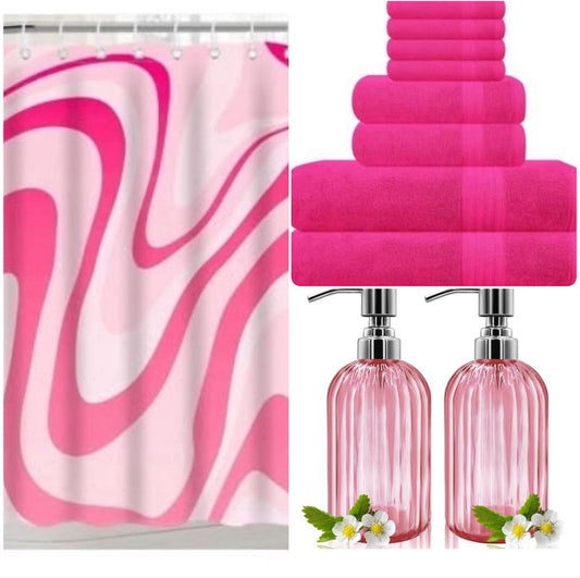 Pink Bathroom Bundle Set Includes Shower Curtain. 100% Cotton 6 Piece Towel Set, Soap and Lotion Dispenser SET