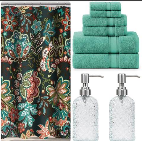 Teal Floral Bathroom Bundle Set Includes Shower Curtain, 100% Cotton 6 Piece Towel set, and Soap and Lotion Dispensers