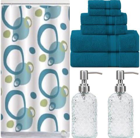Blue Circle Bathroom Bundle Sets Includes Shower Curtain, 6 Piece 100% Cotton Towel Set and 2 Piece Sopa and Lotion Dispensers