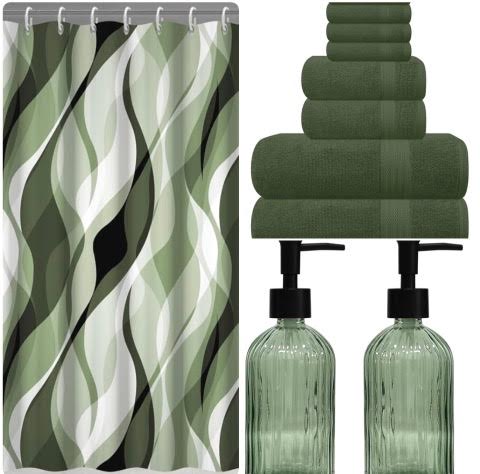 Green Bathroom Bundle Set-Includes Shower Curtain, 6 Piece 100% Cotton Towel Set and 2 Piece Soap and Lotion Dispenser