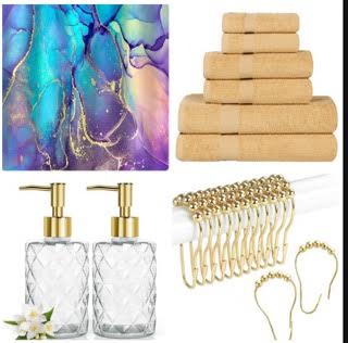 Purple Marble Bathroom Bundle Set Includes Shower Curtain, 6 Piece 100% Cotton Towel Set and 2 - Piece Soap and Lotion Dispensers