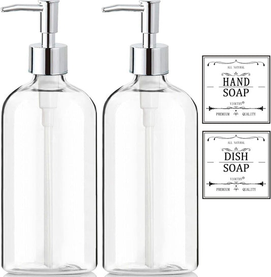 Soap and Lotion Dispenser 2 Piece Set- Clear Plastic with Rustproof Pump