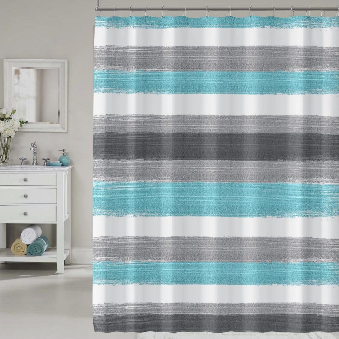 Striped, Turquoise, Grey, and White Waterproof 72 x72 Shower Curtain