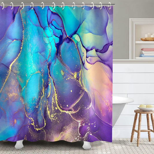 Purple, Gold, Turquoise Marble Abstract Shower Curtain 72 x 72