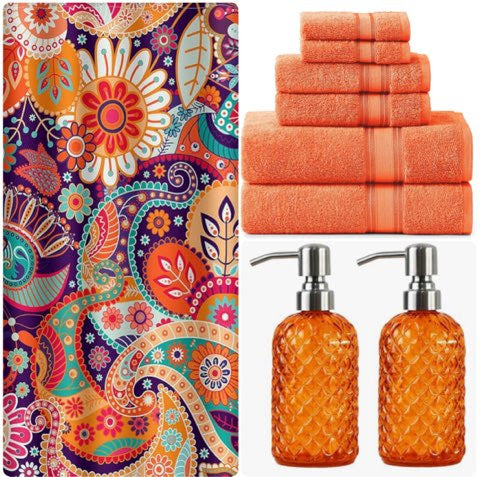 Orange Bathroom Bundle Set Includes Shower Curtain, 100% cotton Six Piece Towel Set with Lotion and Soap Dispensers