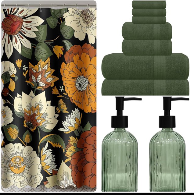 Green Floral Bathroom Bundle Set includes Shower Curtain, 100% Six Piece Towel Set and Soap and Lotion Dispenser Set